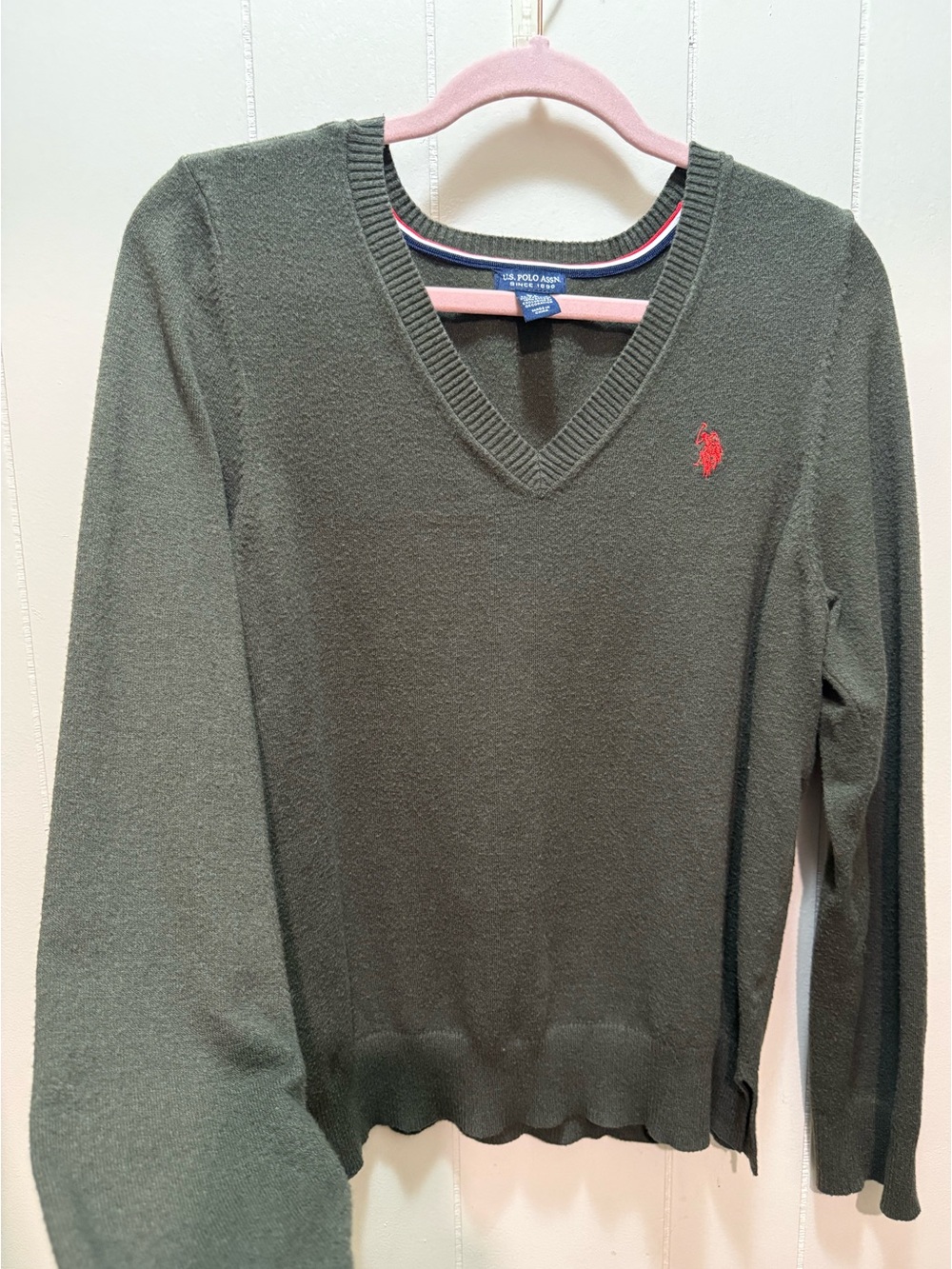 U.S. Polo Assn. V-Neck Sweater in Olive with Red Logo